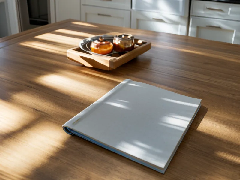 A quiet home workspace on a wooden table with journals and a pen.
