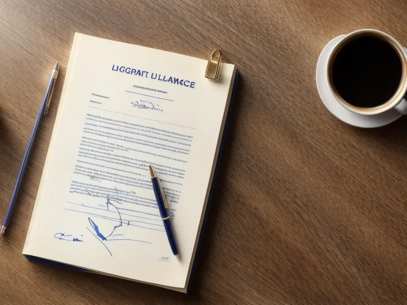 A blue ballpoint pen resting on the signature line of a printed legal document.