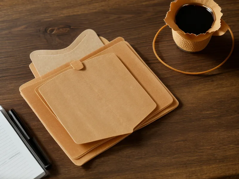 Close-up of an old manila folder on a wooden table with a faint coffee stain.