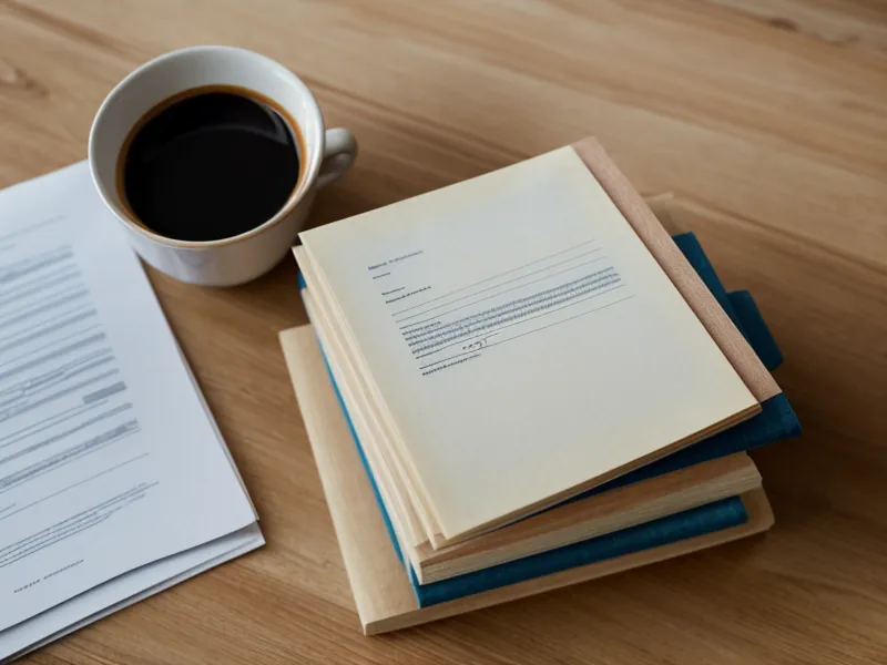 A stack of printed legal documents and a blue pen on a maple kitchen table.