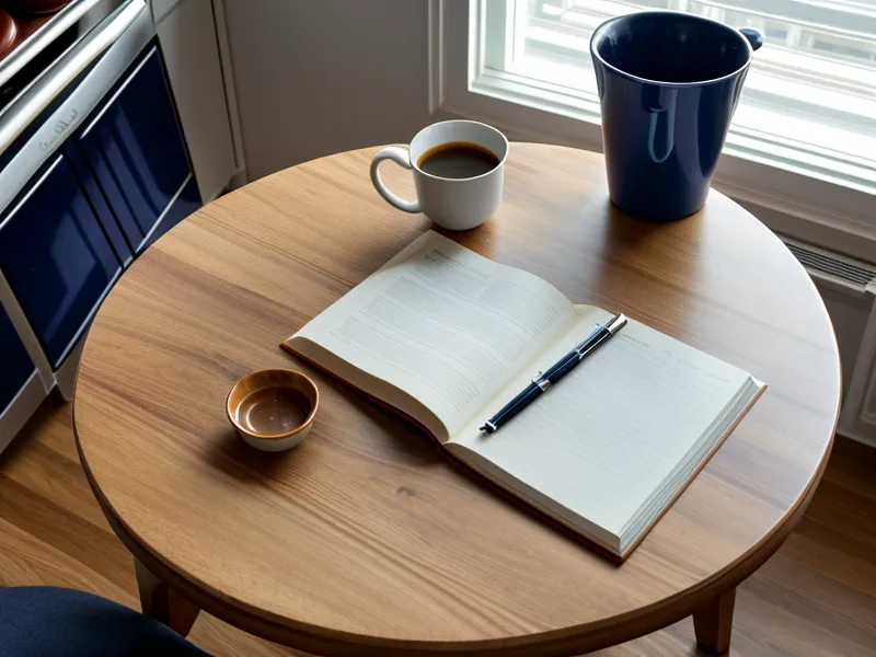 A stack of printed tax forms and a pen on a kitchen table.