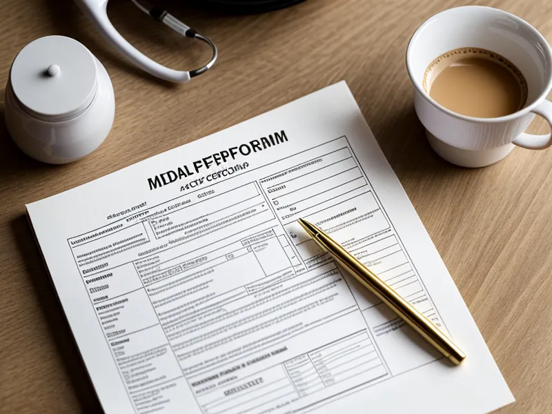 A printed medical authorization form resting on a wooden table with a blue pen.