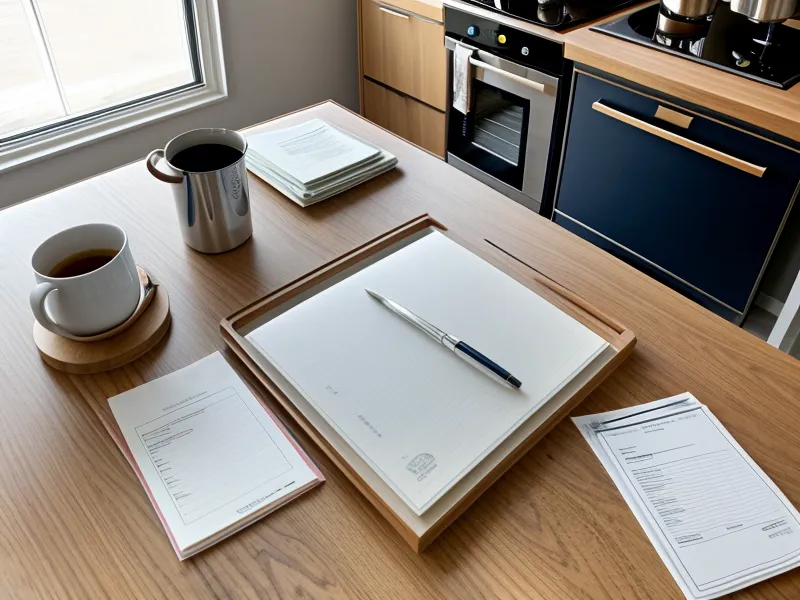 Organized stack of tax documents and bank statements on a kitchen counter.