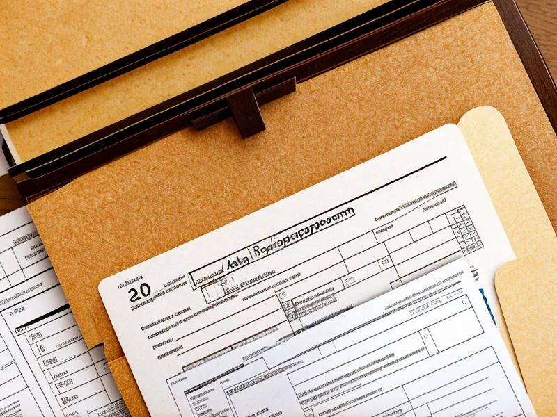 Close-up of 1099-NEC tax forms and a handwritten file folder on a wooden table.