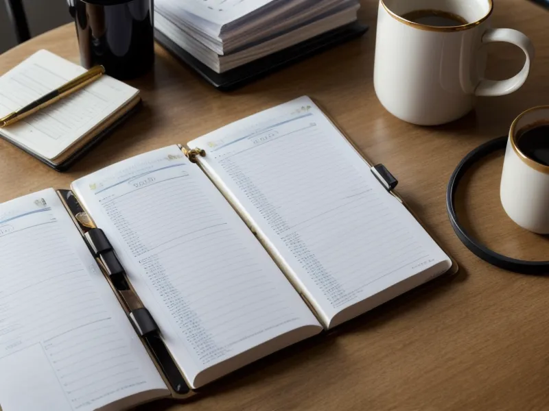 Close-up of a legal binder with hand-written tabs on a wooden table.