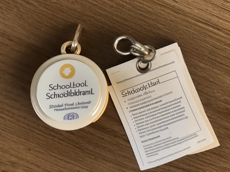 A school librarian ID badge resting on a pile of tax forms and receipts.