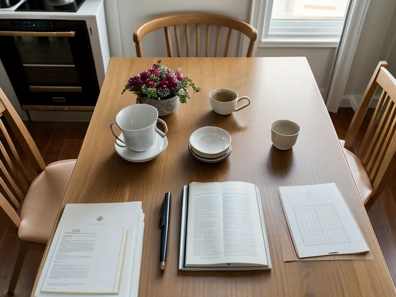 Close-up of move-out photos and a manila folder on a wooden table.