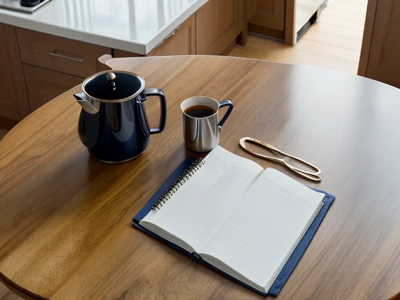 A heavy-duty stapler on a kitchen table next to manila folders.