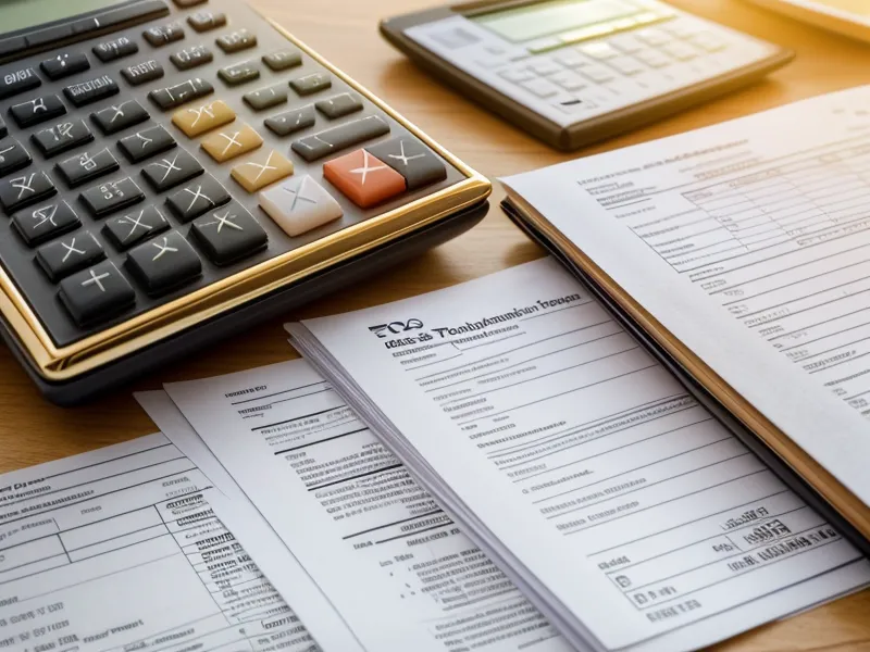 Close-up of tax forms and a calculator on a wooden kitchen table