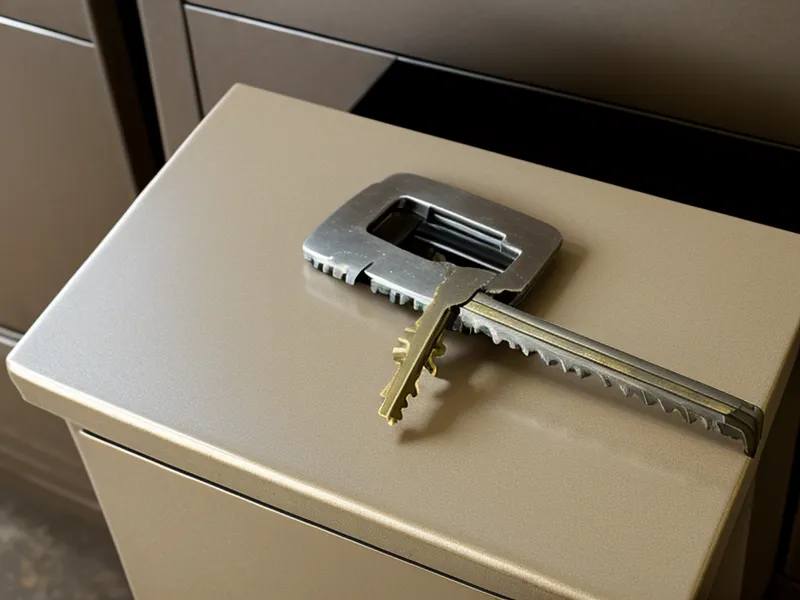 A close-up of an old metal filing cabinet key resting on a manila folder.