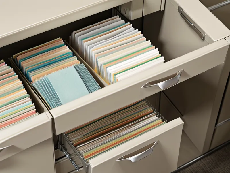 Stack of manila folders being placed into a filing cabinet drawer.