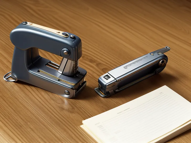 Close-up of a heavy stapler and a printed legal document on a wooden table.